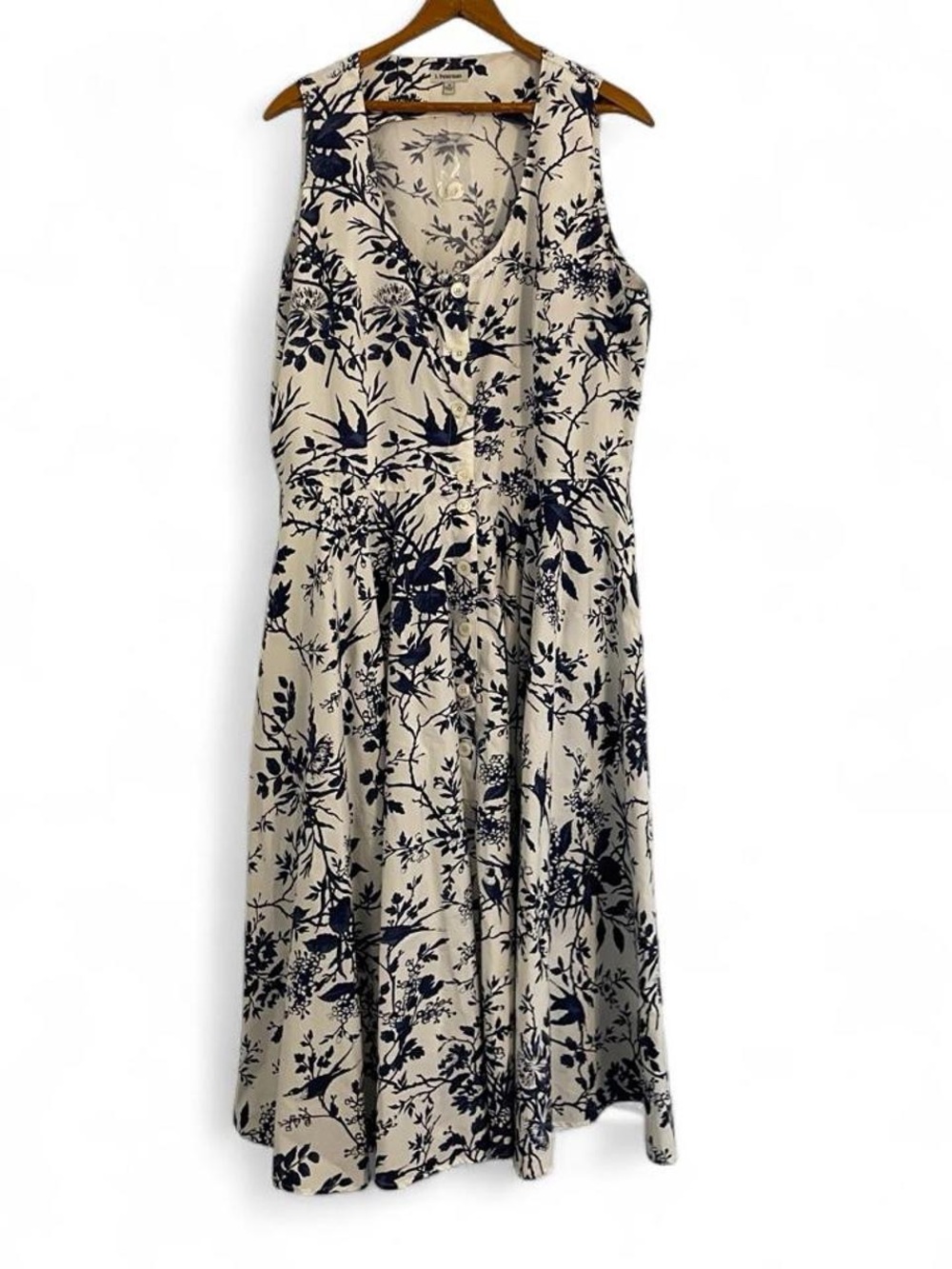 J Peterman Women's 14 100% Cotton Floral Navy White Fit Flare Sun Dress Summer
